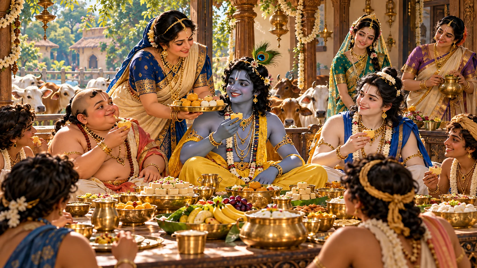 Yashoda serves food to Krishna, Balarama, Madhumangala, and their friends
