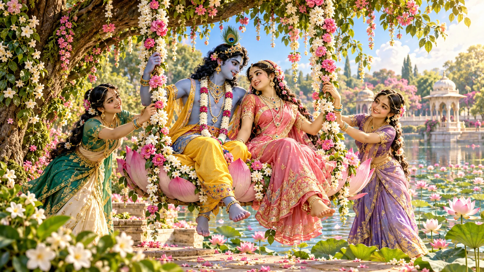 Radha and Krishna sit on a flower-covered swing as their friends push it beside Radha-kunda