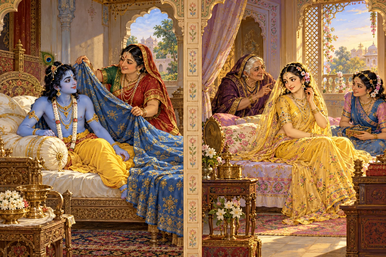 Illustration in two separate scenes: Yashoda wakes Krishna beneath a blue covering, while in Yavat Mukhara and Vishakha see Radha in a yellow garment.