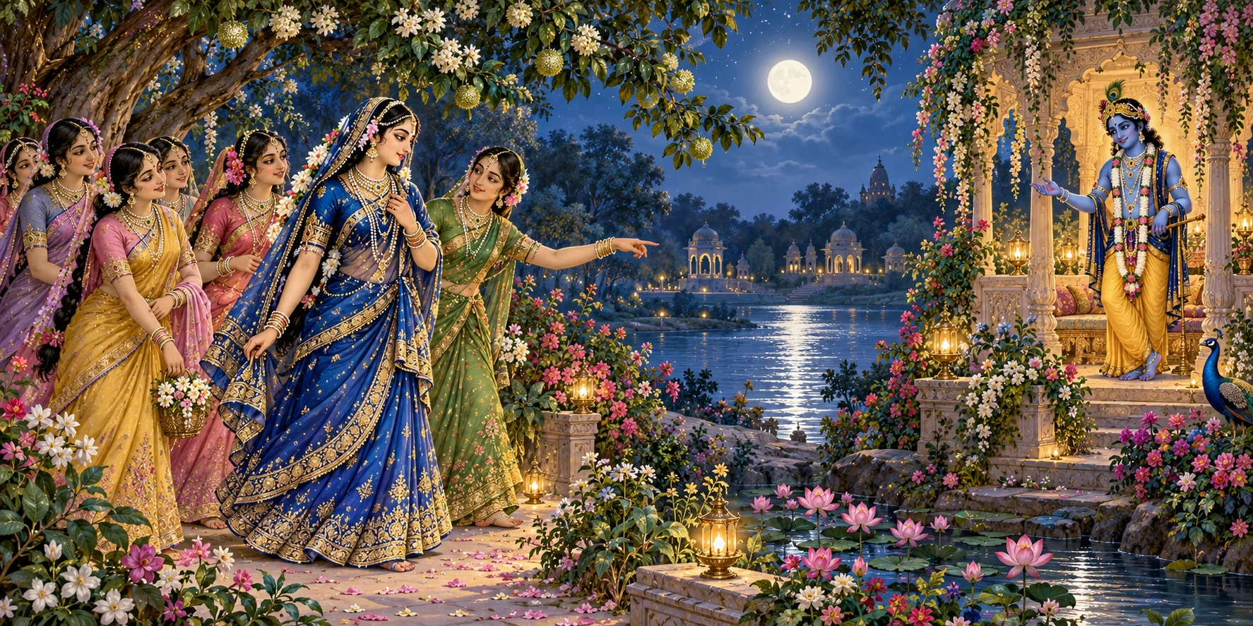 Radha and the sakhis follow a flowering nighttime path toward a meeting with Krishna in Vrindavan