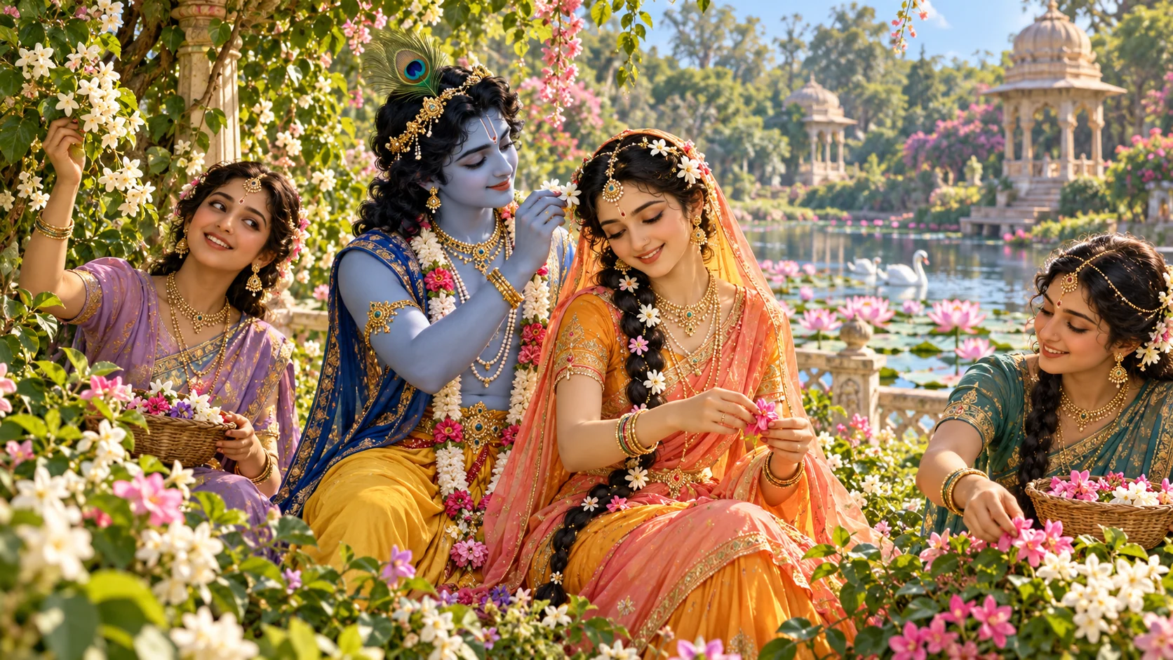 Radha and Krishna with their friends in a flowering garden of Vrindavan