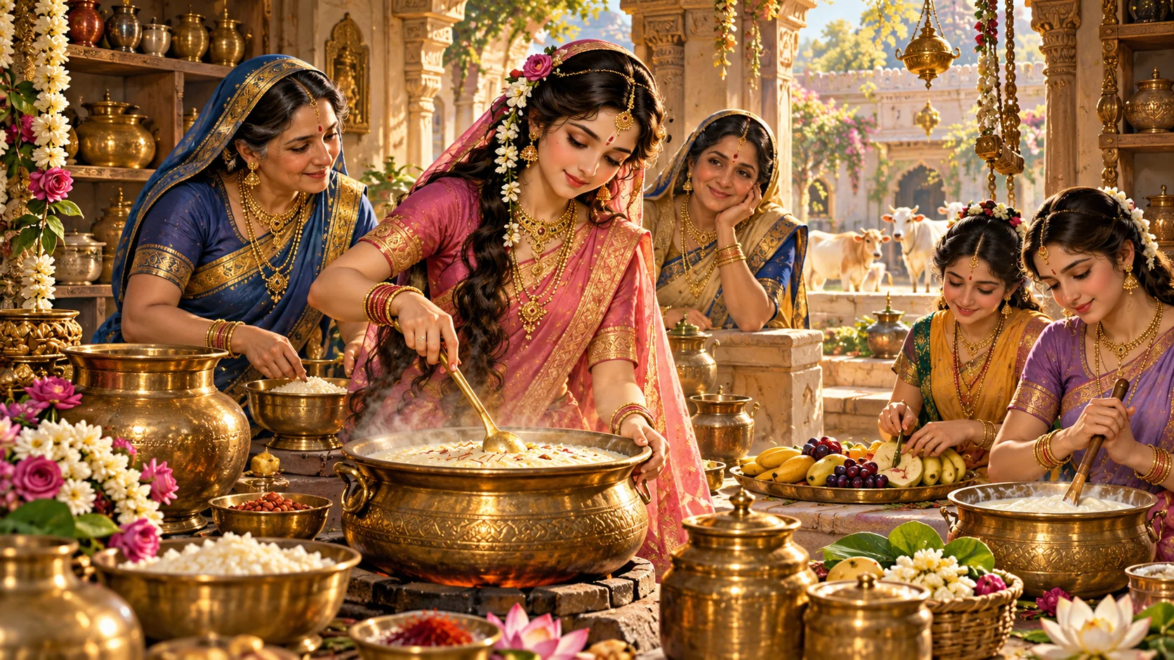 Radha, Rohini, and friends prepare vegetarian dishes in Yashoda's sunlit kitchen