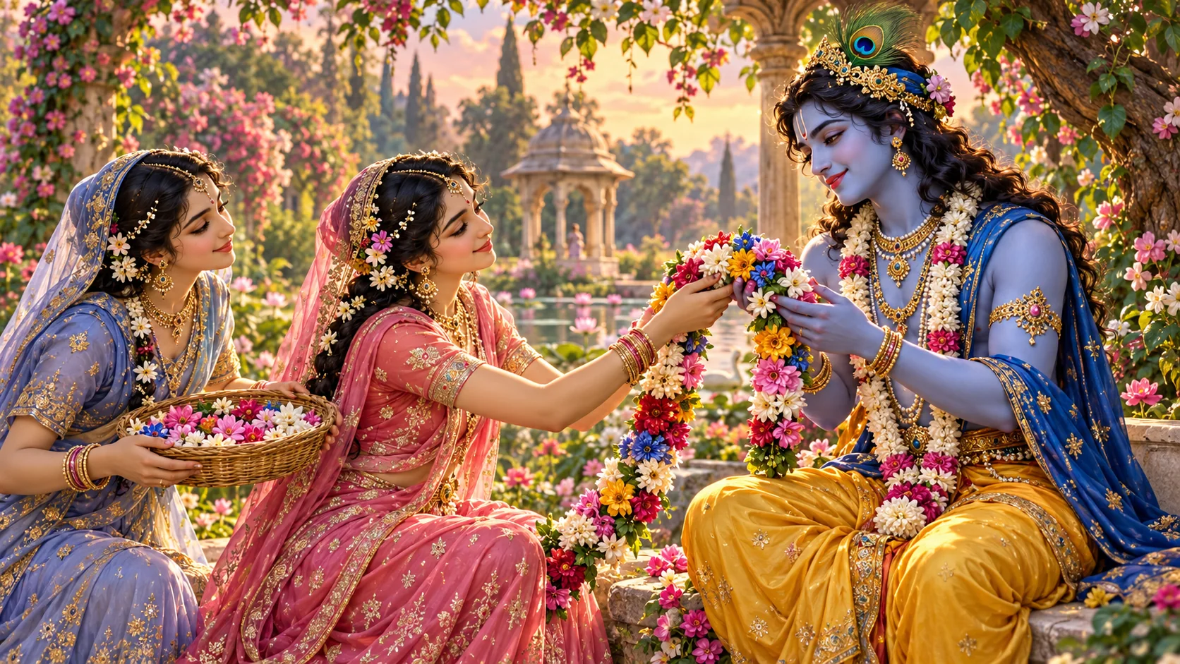 Tulasi Manjari and Kasturi bring a flower garland to Krishna in a forest garden