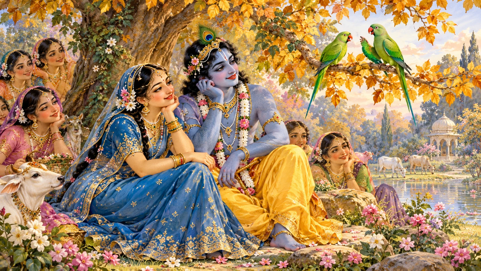 Radha and Krishna listen to two green parrots beneath a tree in the forest of Vrindavan