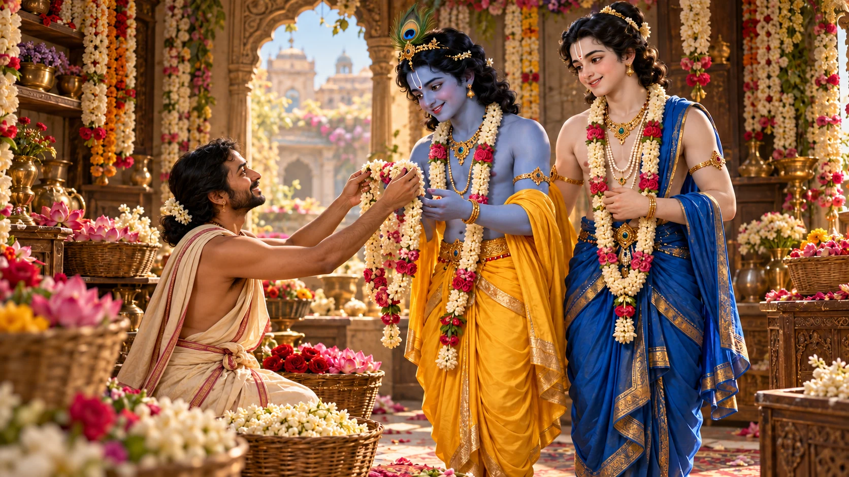 Sudama the florist offers a flower garland to Krishna and Balarama in a home in Mathura