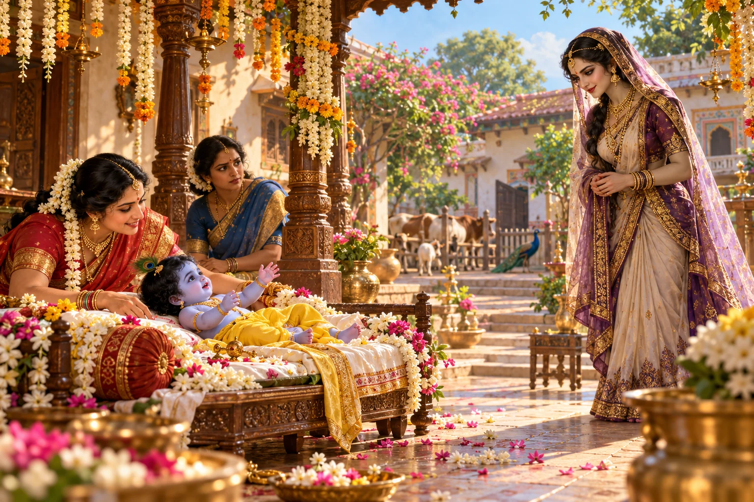 Baby Krishna in yellow lies near Yashoda and Rohini as the disguised Putana approaches in a Gokula courtyard