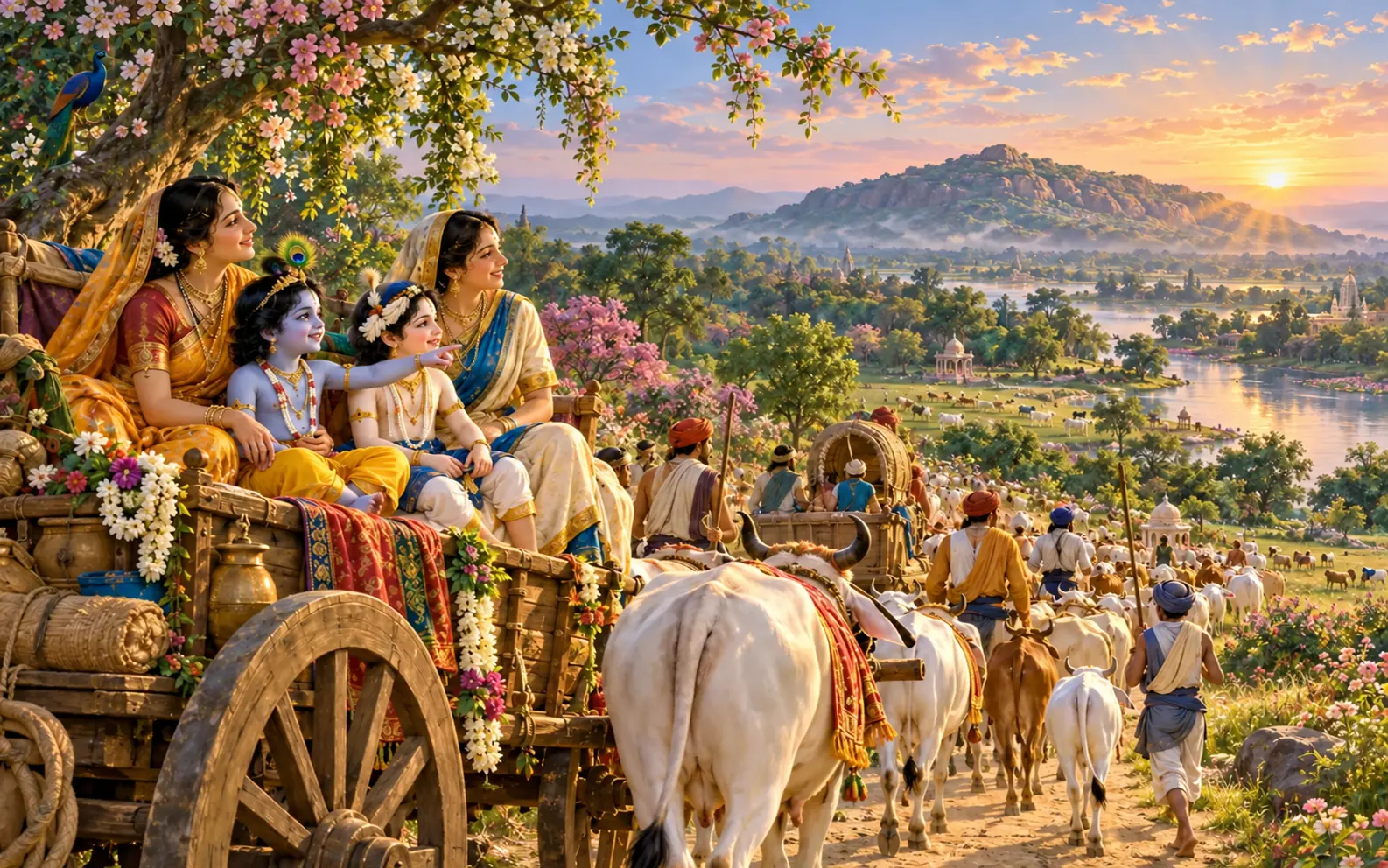 Young Krishna and Balarama travel with Yashoda and Rohini in Vraja's caravan toward green Vrindavan