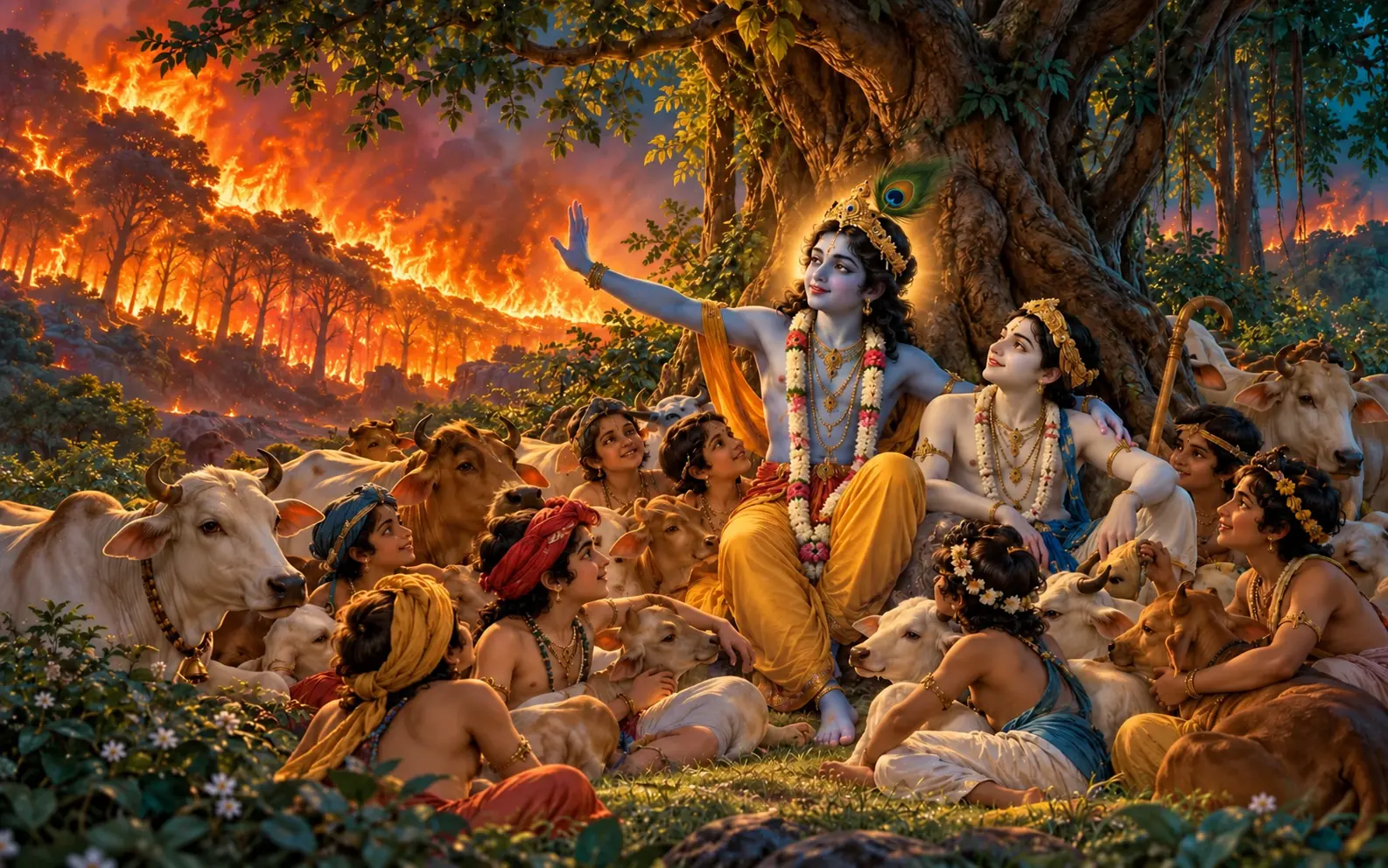 Krishna shelters Balarama, the cowherd boys and their cows beneath a great tree as the forest fire recedes