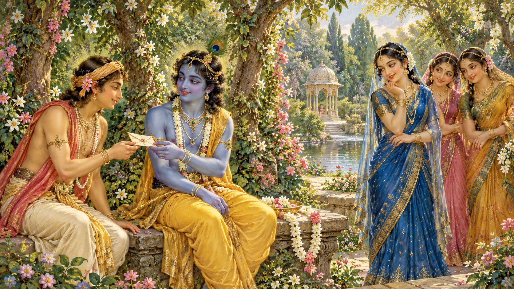 Subala hands a letter to Krishna in a flowering grove as Radha and the gopis look on from a distance