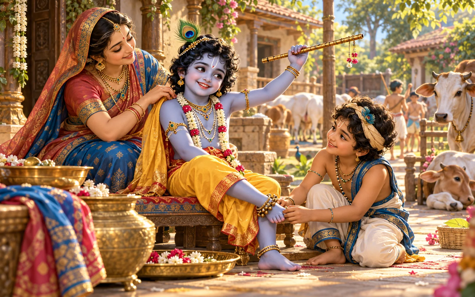 Vishala helps young Krishna with His ankle bells as Yashoda looks on in the courtyard