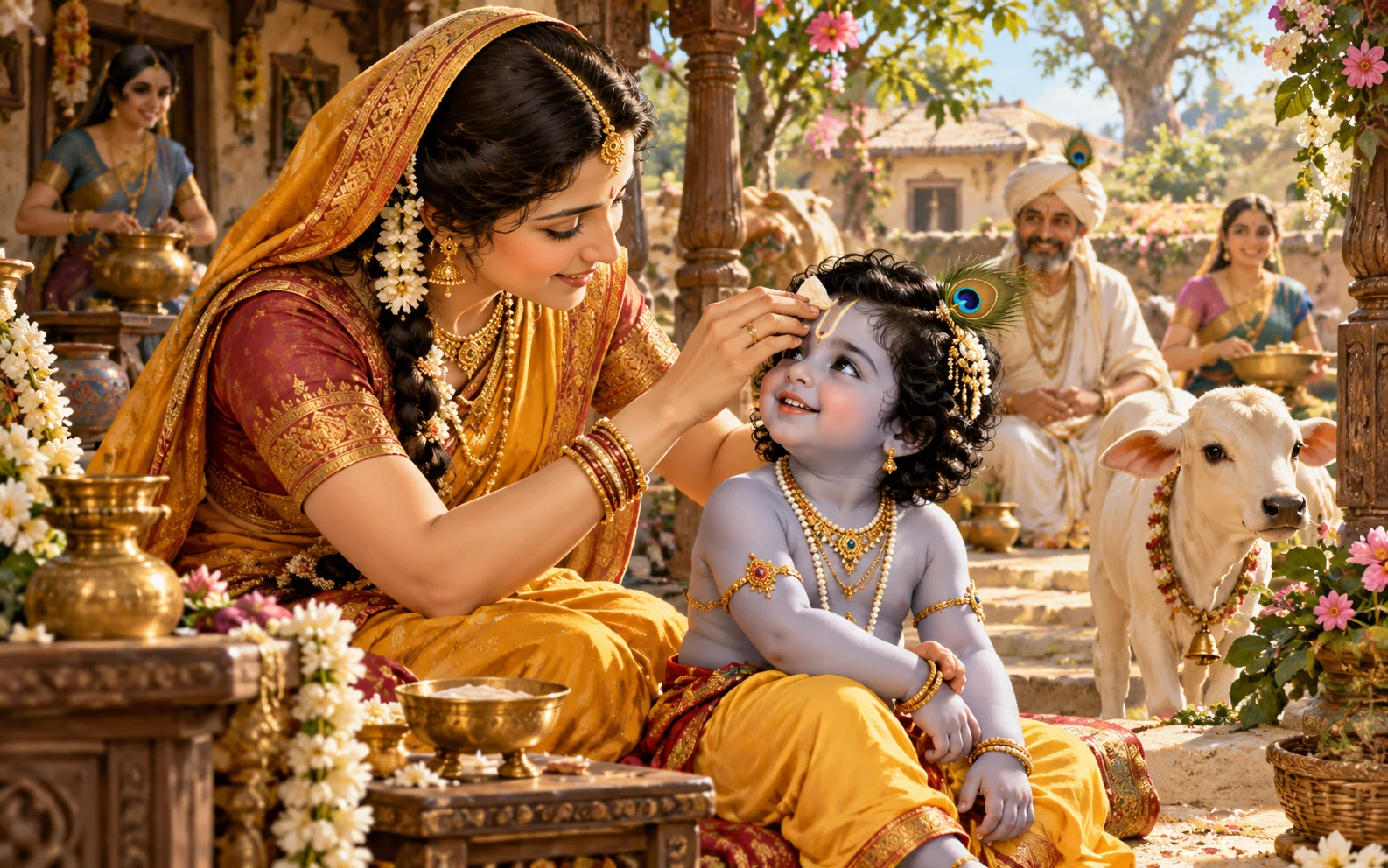 Mother Yashoda gently puts a protective ornament on young Krishna in Nanda's courtyard