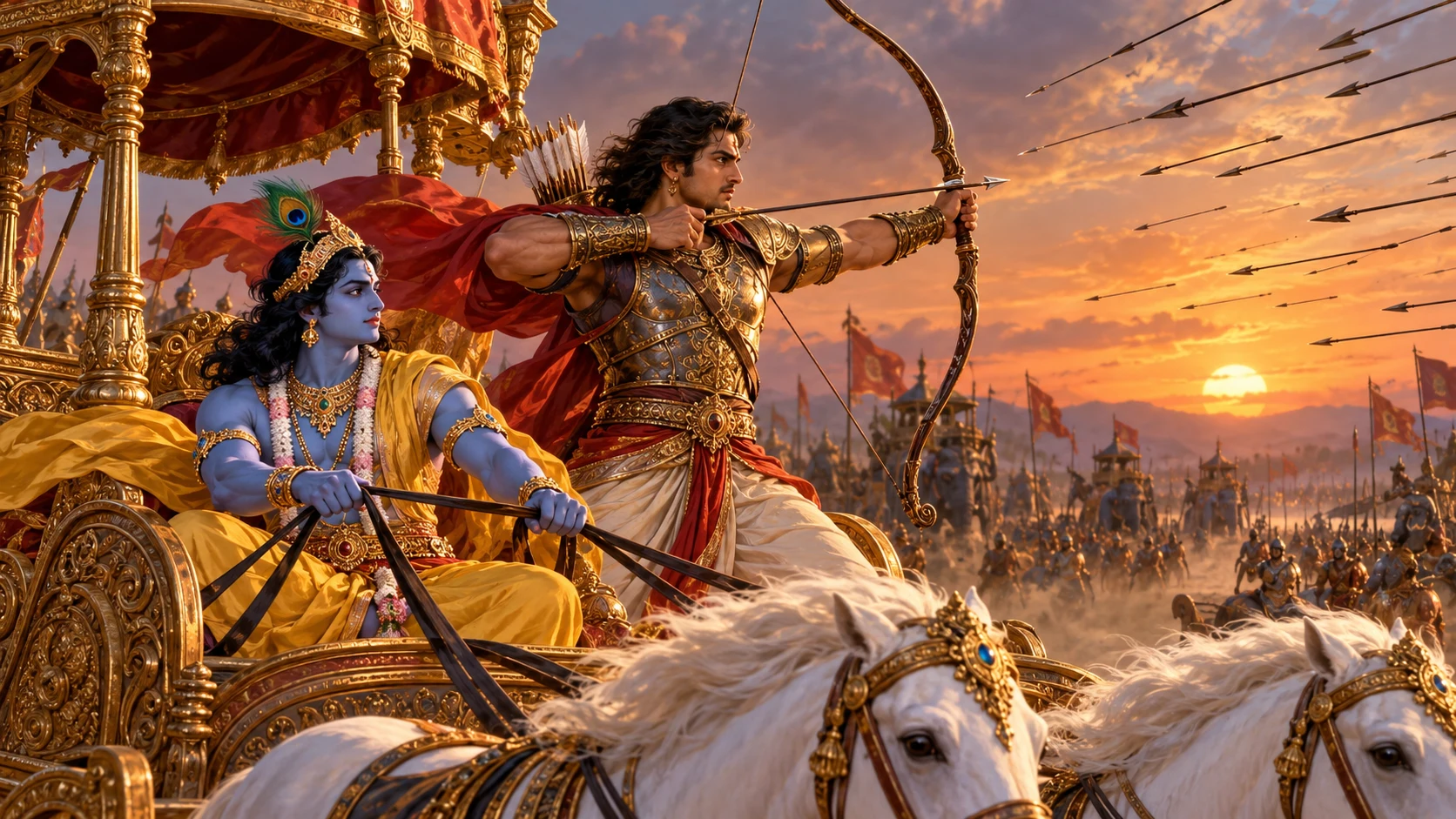 Illustration: adult Arjuna shields Krishna from arrows.