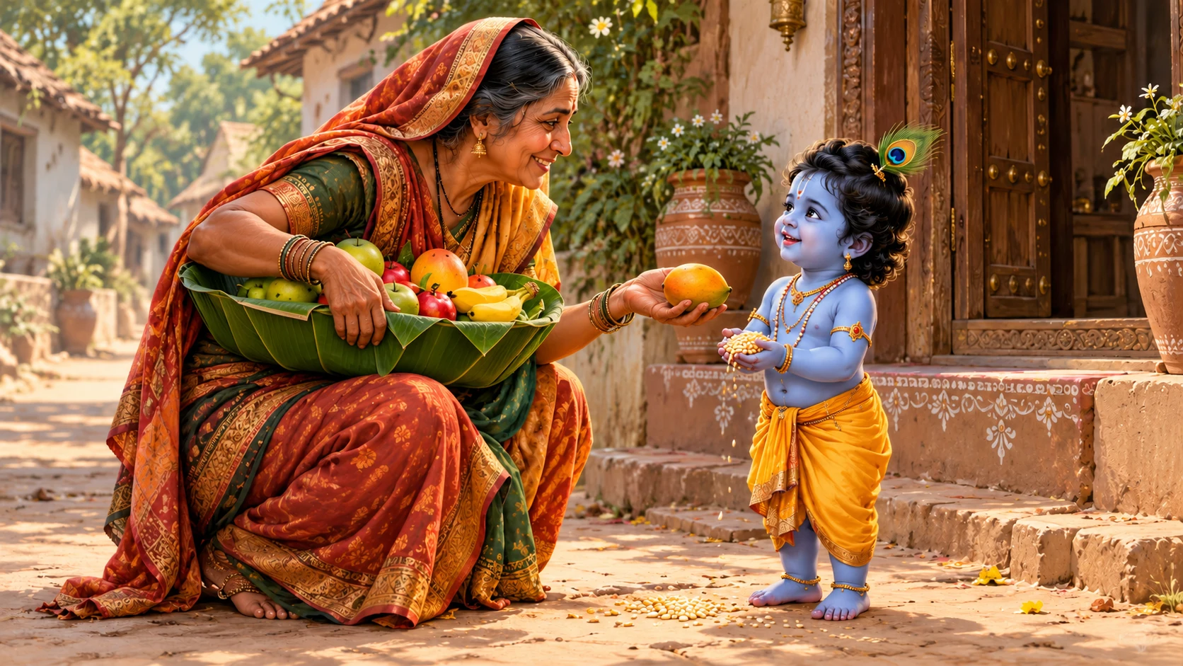 Illustration of little Krishna offering grain from His small cupped hands to a smiling fruit seller holding a leaf container of fruit in Gokula.