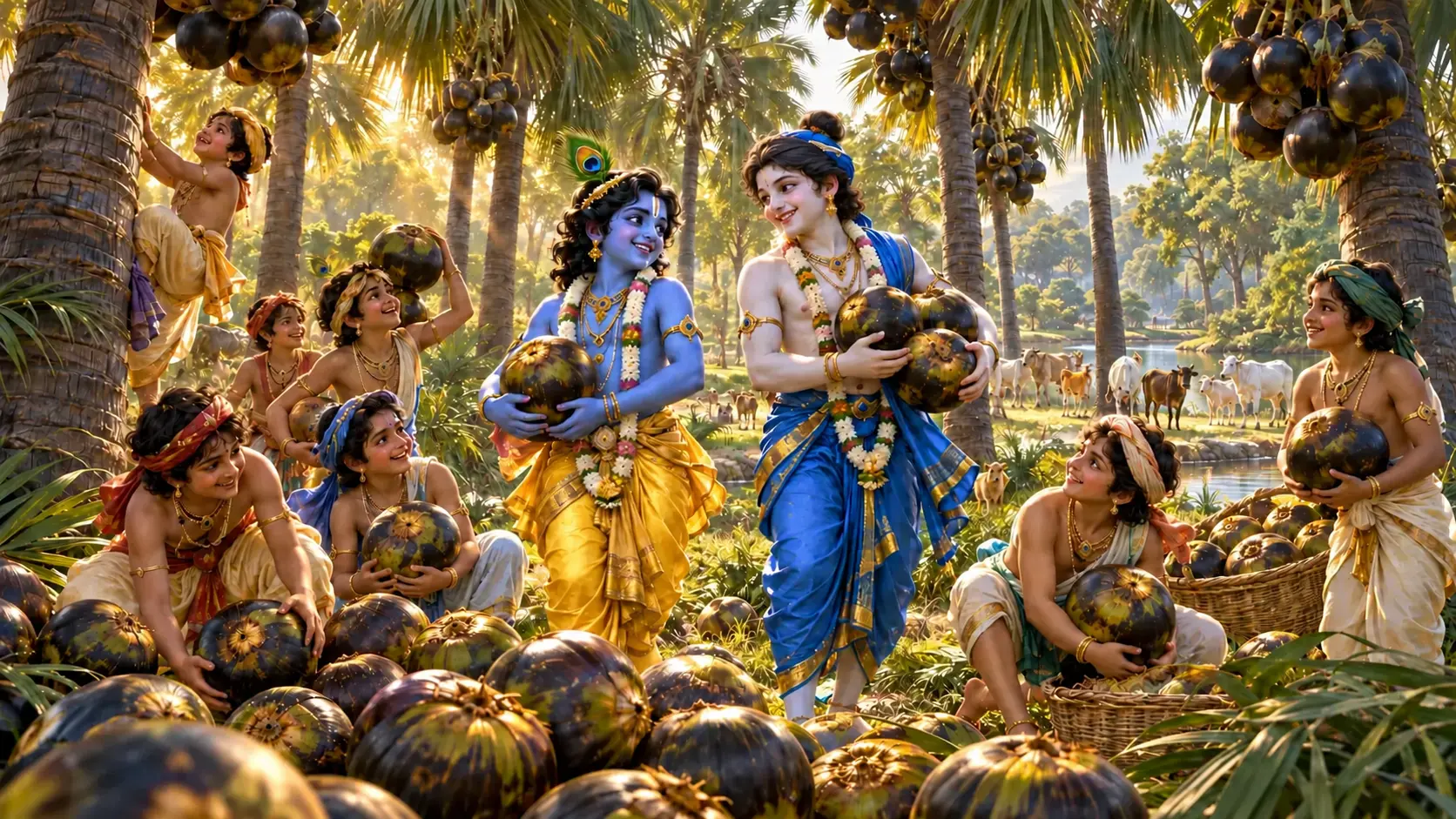 Krishna, Balarama and the cowherd boys under the palm trees of Talavana