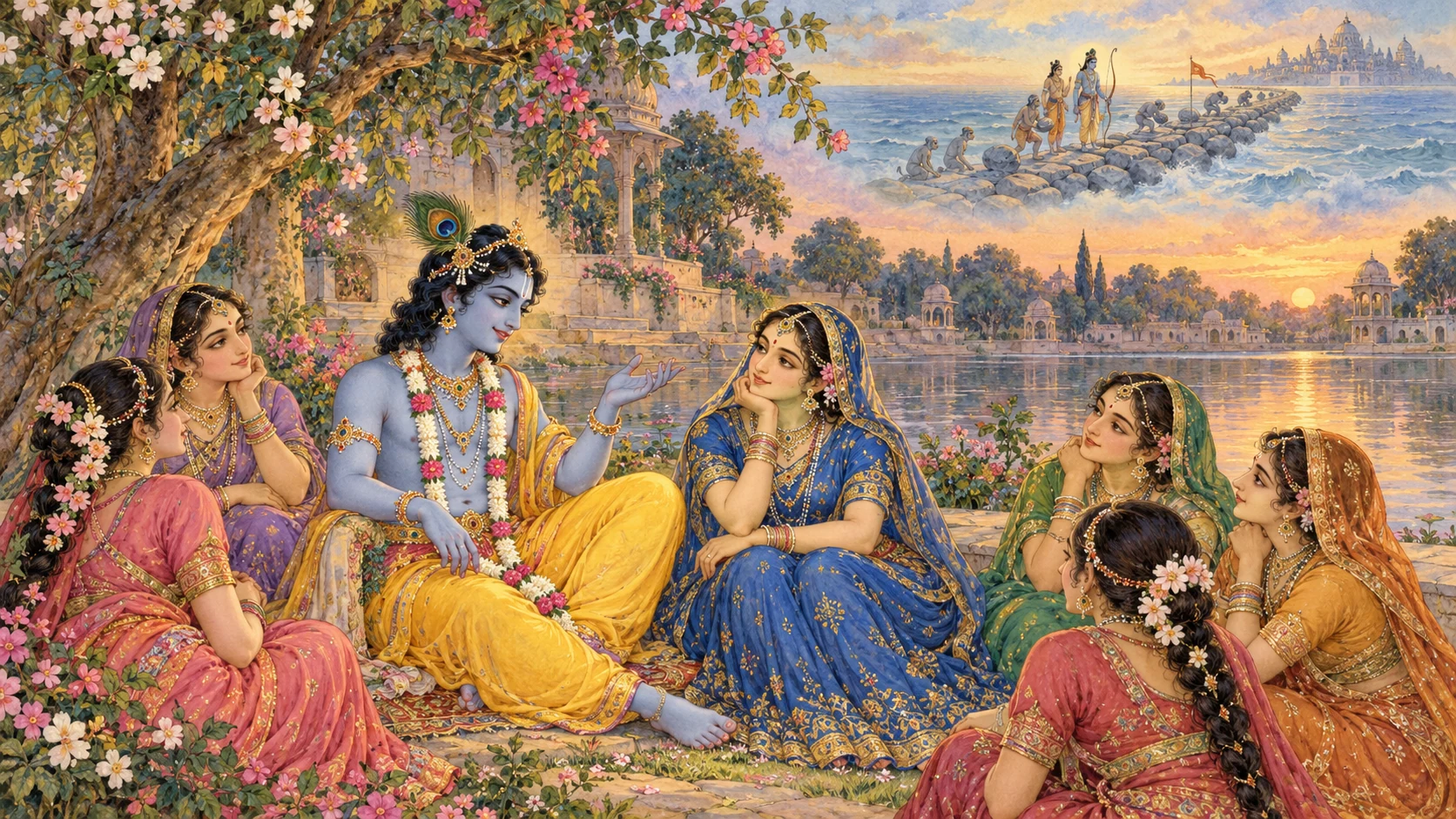 Krishna tells Radha and the gopis a story beside a lake, with a bridge across the sea shown as a symbolic vision