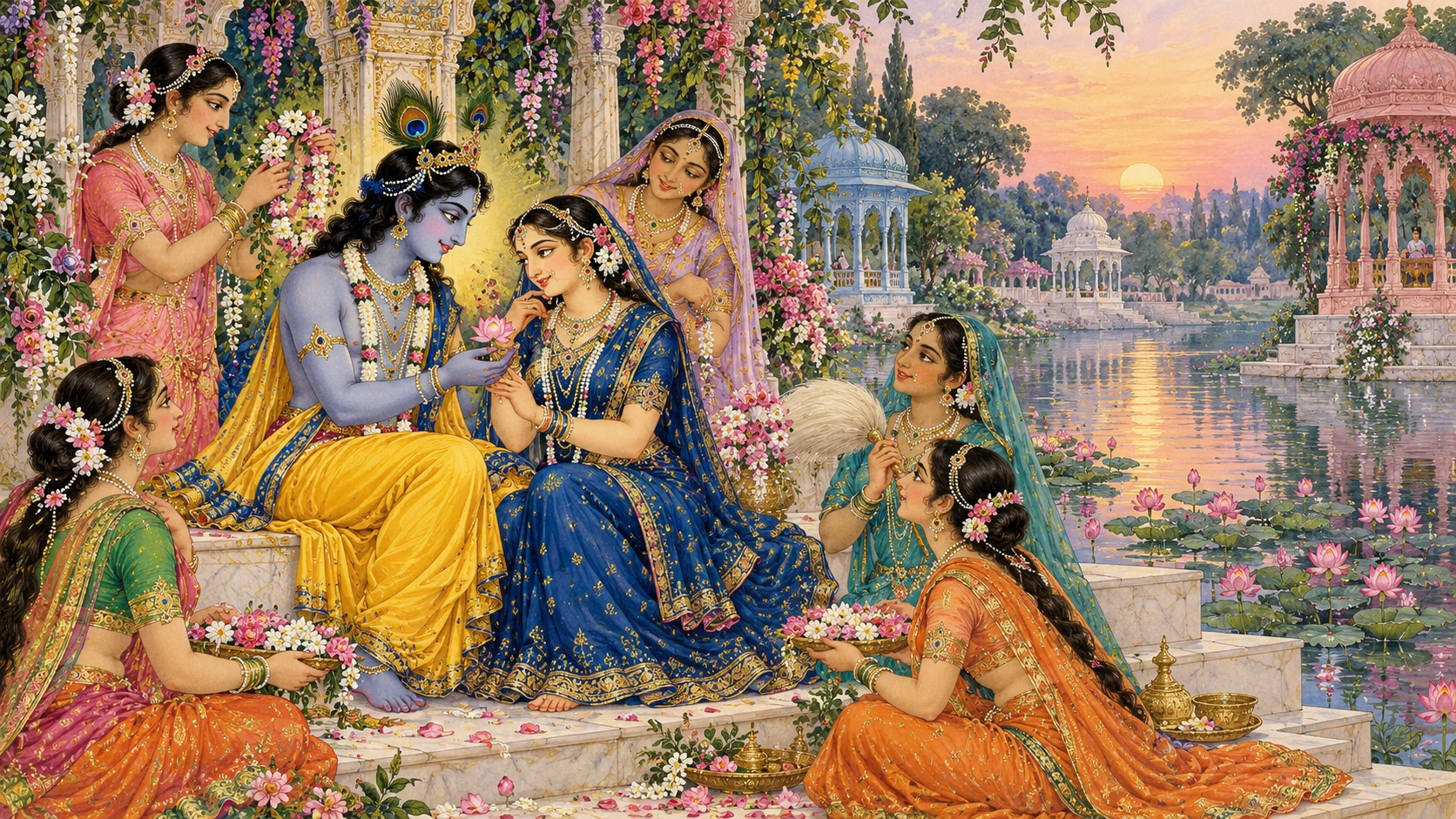 Radha, Krishna, and the gopis beside Radha-kunda, surrounded by colorful flower gardens