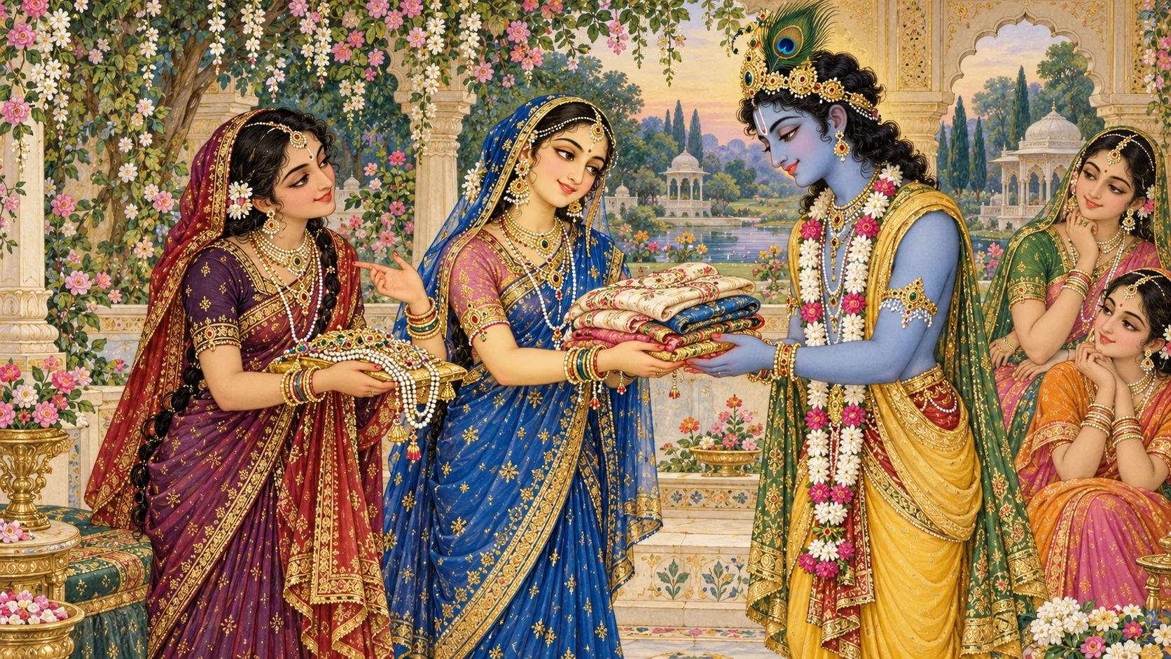 Radha and Shyama offer Krishna carefully made clothing and ornaments while the gopis watch