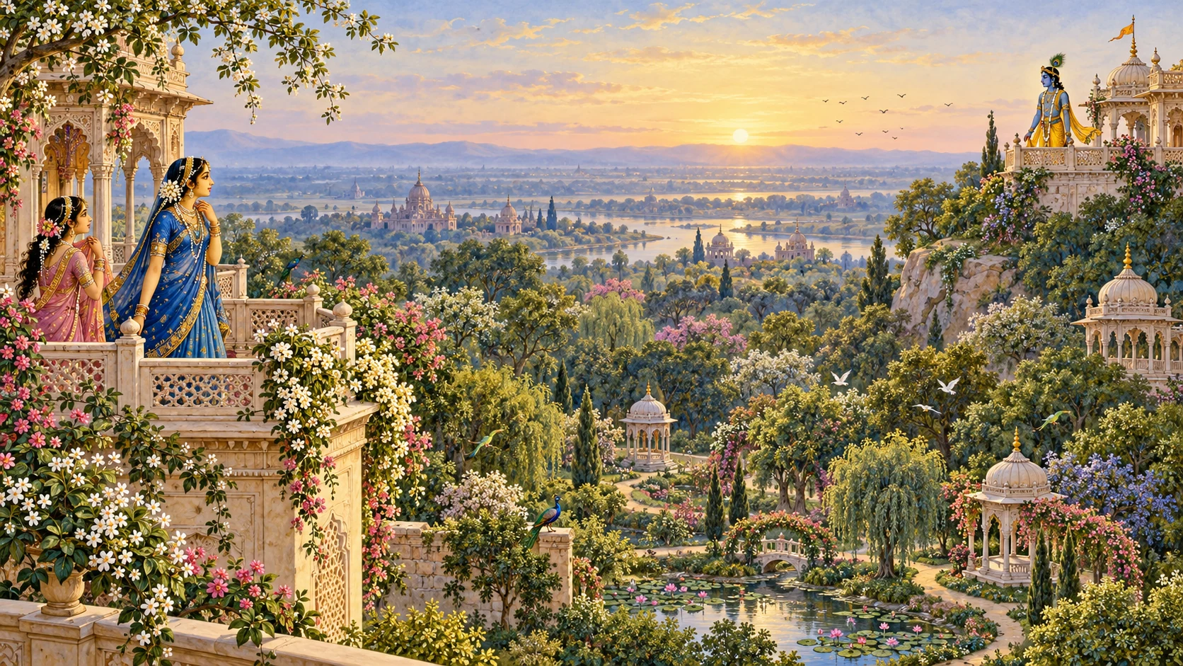Radha and Krishna look from two hills toward the flowering grove of Sanketa between them